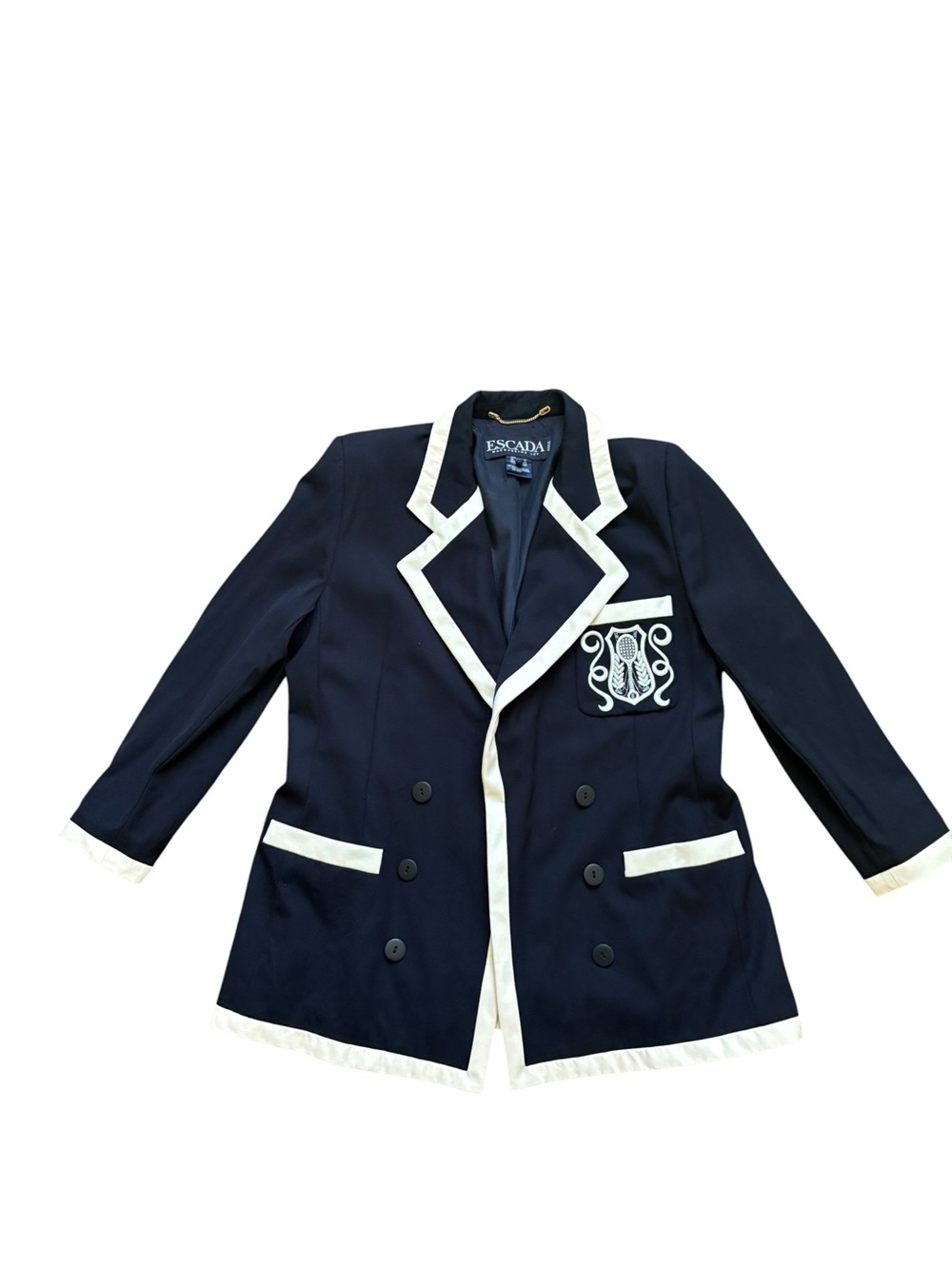 Escada By Margaretha Ley jacket blazer navy blue/white tennis crest Wool size 44
